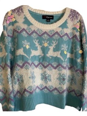 33 DEGREES Reindeer Graphic Sweater, Women’s XXL, Blue White Purple